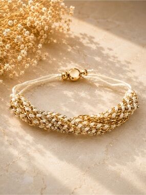 Gold and Cream Braided Chain Adjustable Bracelet